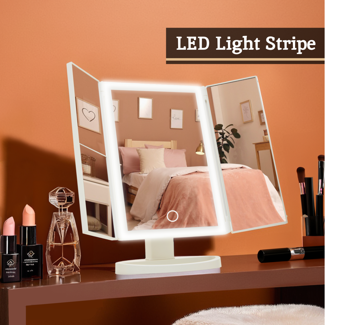 Cassini Tri Fold Border White Table Mirror