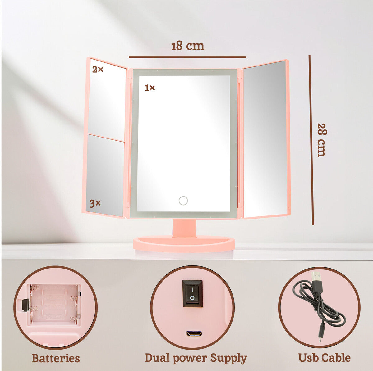 Cassini Tri Fold Pink LED Table Mirror