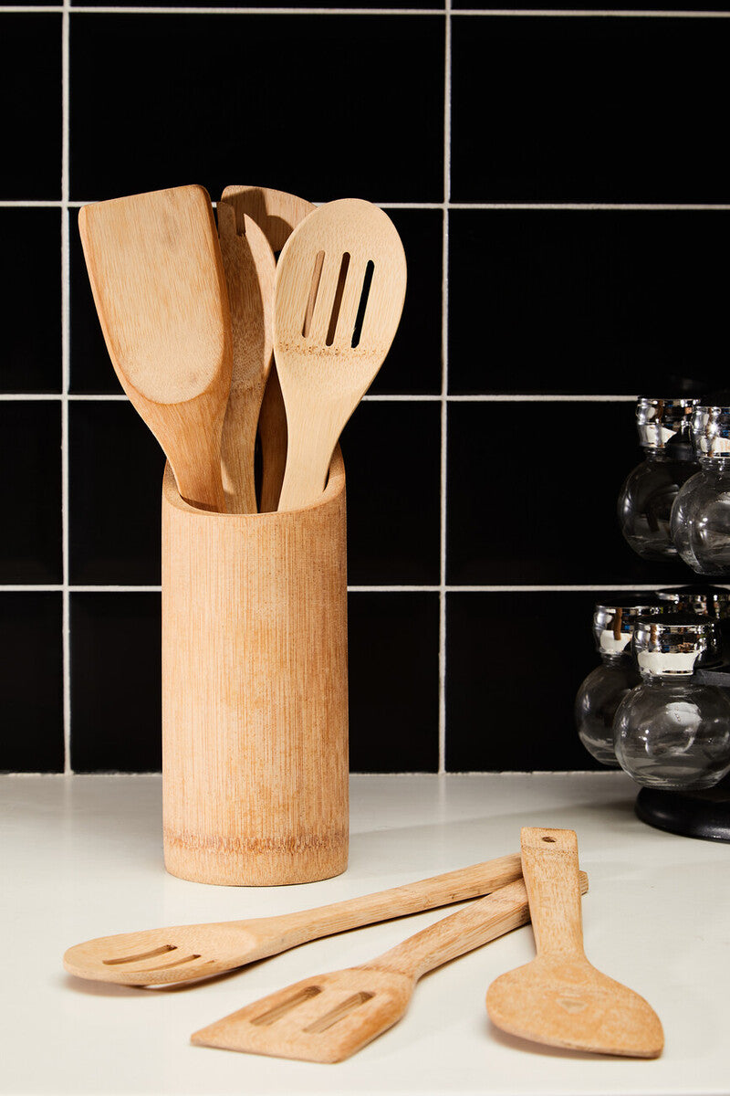 6 Piece Bamboo Kitchen Tool Set With Holder | Aleki