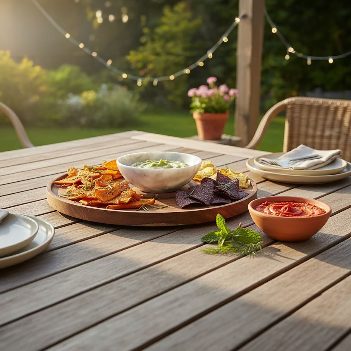 Kora Acacia Wood And White Marble Chip And Dip Plate