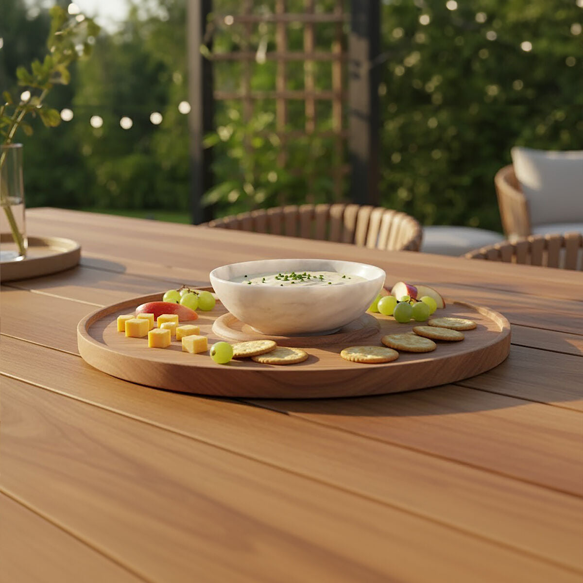 Acacia Wood and White Marble Chip and Dip Platter | Kora