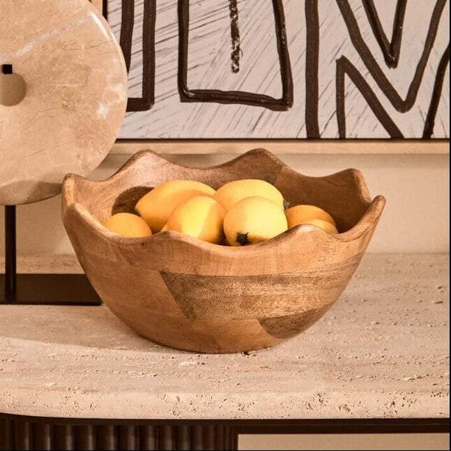 Mango Wood Serving or Fruit Bowl with Scalloped Edge | Kara