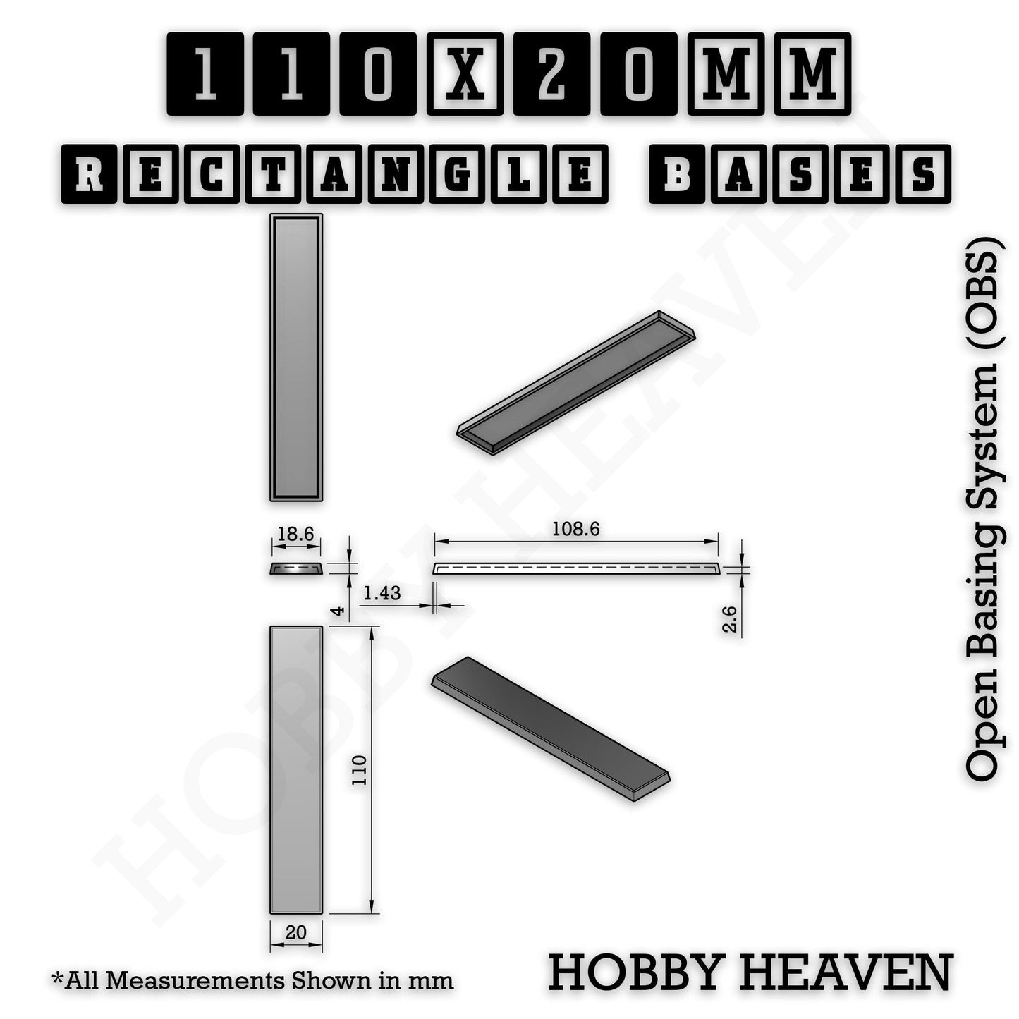 Rectangle Bases Medium Sizes - 75x30mm to 125x40mm and up to 100x90mm Wide - 3D Print Tabletop Games