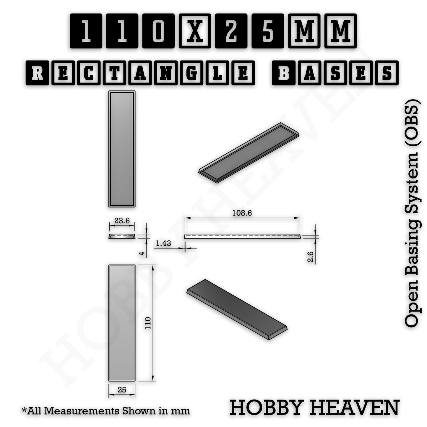 Rectangle Bases Medium Sizes - 75x30mm to 125x40mm and up to 100x90mm Wide - 3D Print Tabletop Games