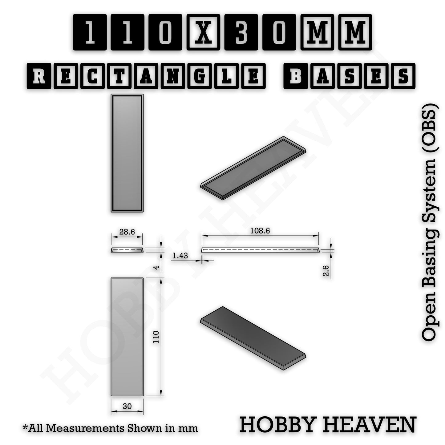 Rectangle Bases Medium Sizes - 75x30mm to 125x40mm and up to 100x90mm Wide - 3D Print Tabletop Games