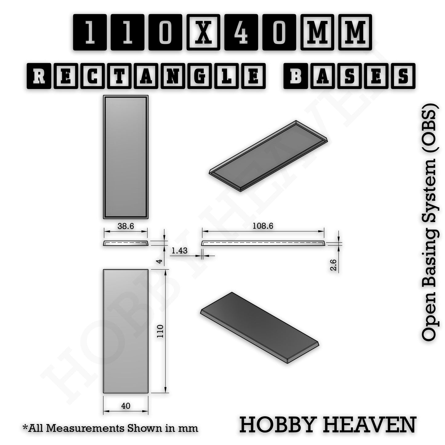 Rectangle Bases Medium Sizes - 75x30mm to 125x40mm and up to 100x90mm Wide - 3D Print Tabletop Games