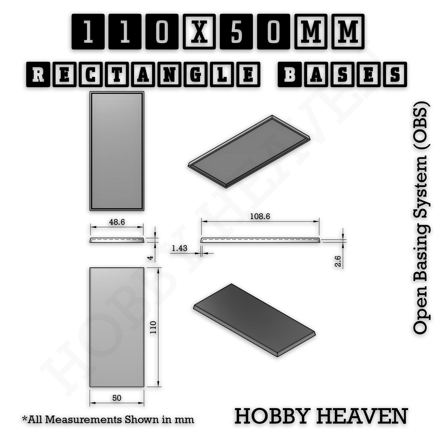 Rectangle Bases Medium Sizes - 75x30mm to 125x40mm and up to 100x90mm Wide - 3D Print Tabletop Games