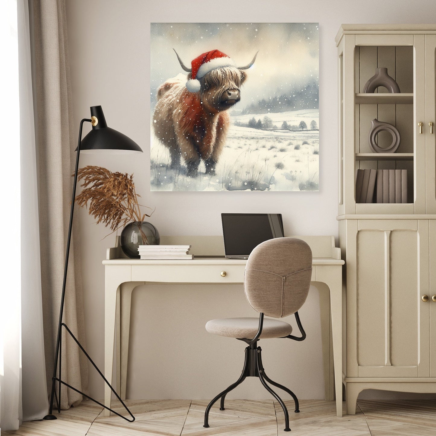 Highland Christmas Cow Watercolour Canvas