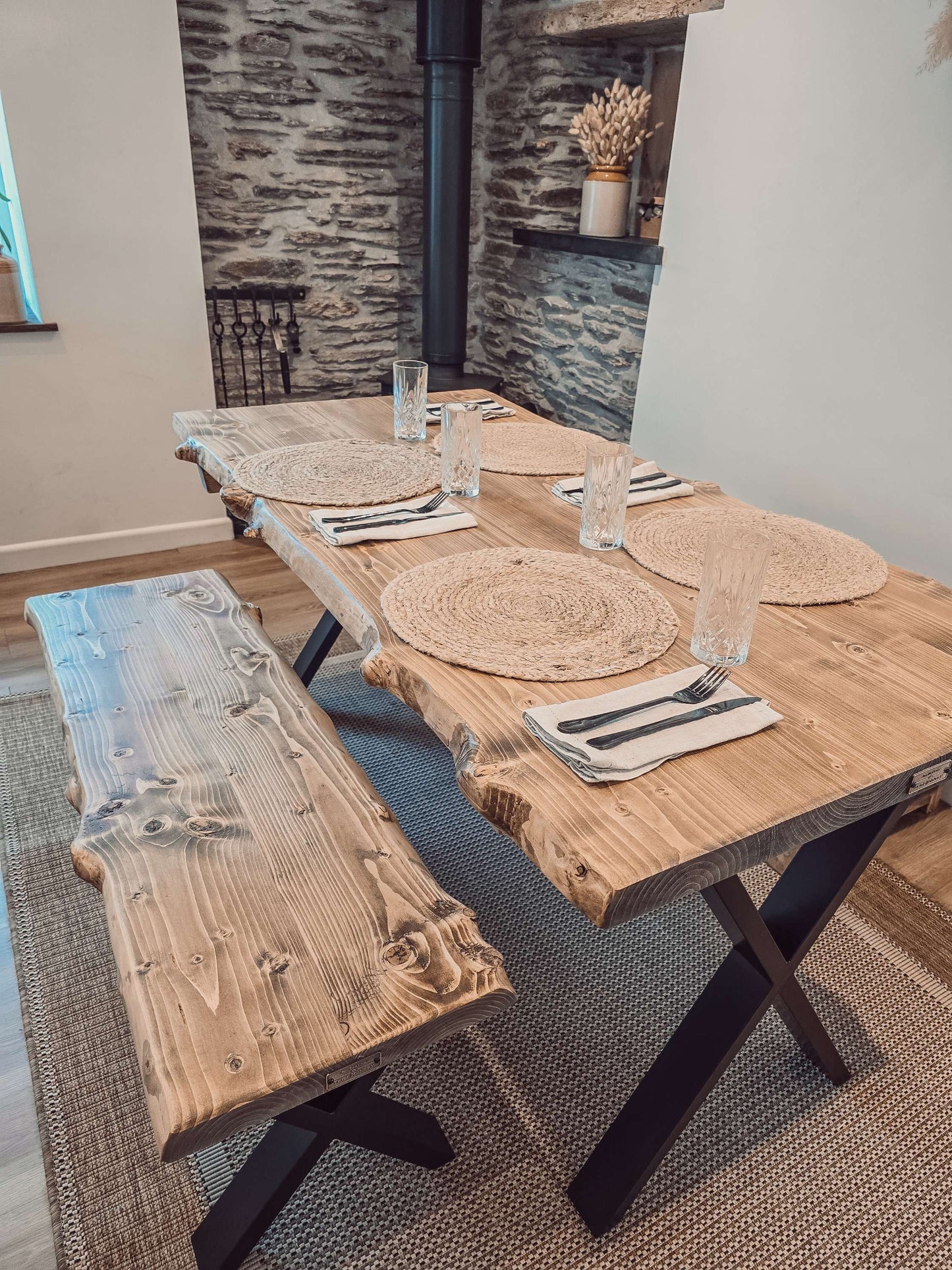 Live / Waney Edge Dining Table With Bench and X Cross Metal Legs