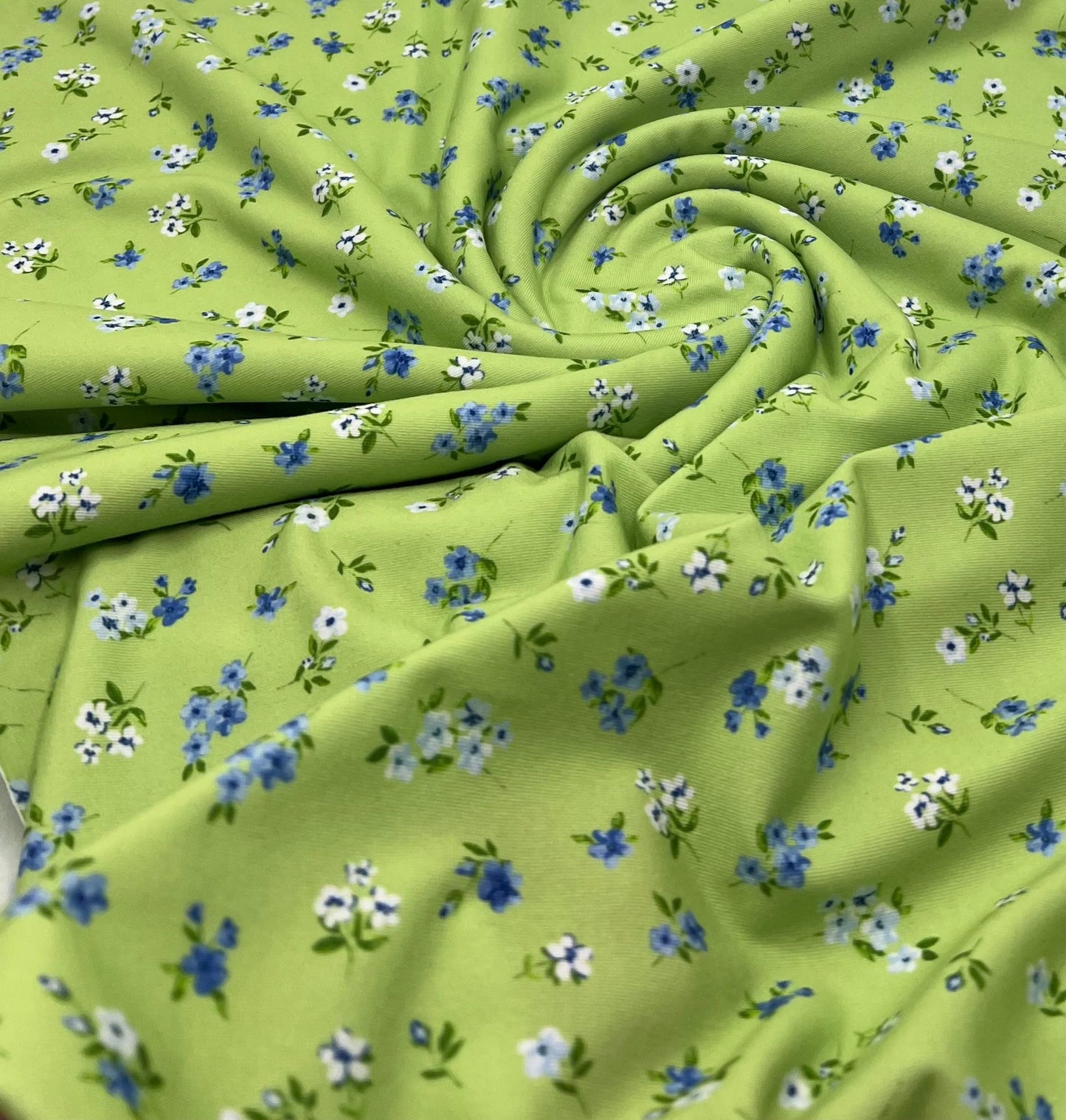 Bright Green Ditsy Floral Print Spun Poly Stretch Fabric