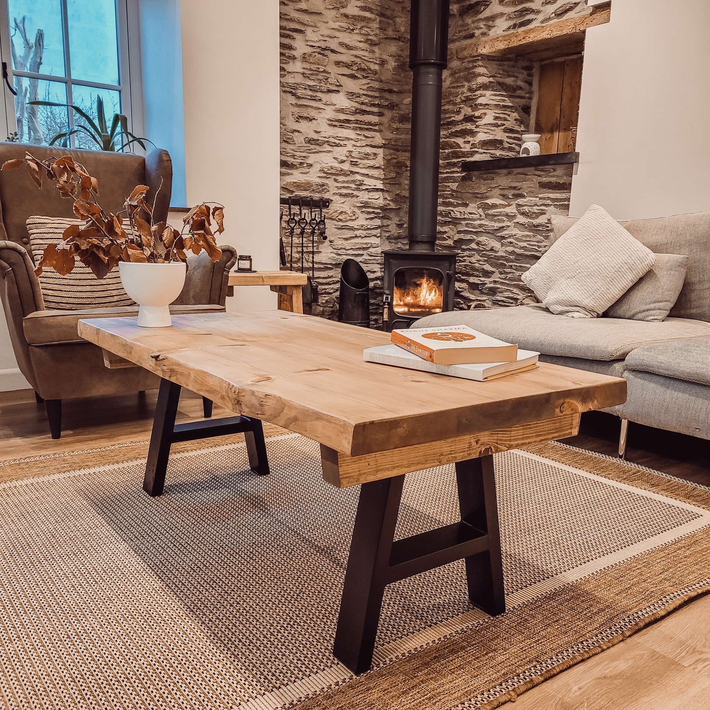 VELA Live / Waney Edge Coffee Table With Metal A Frame Legs