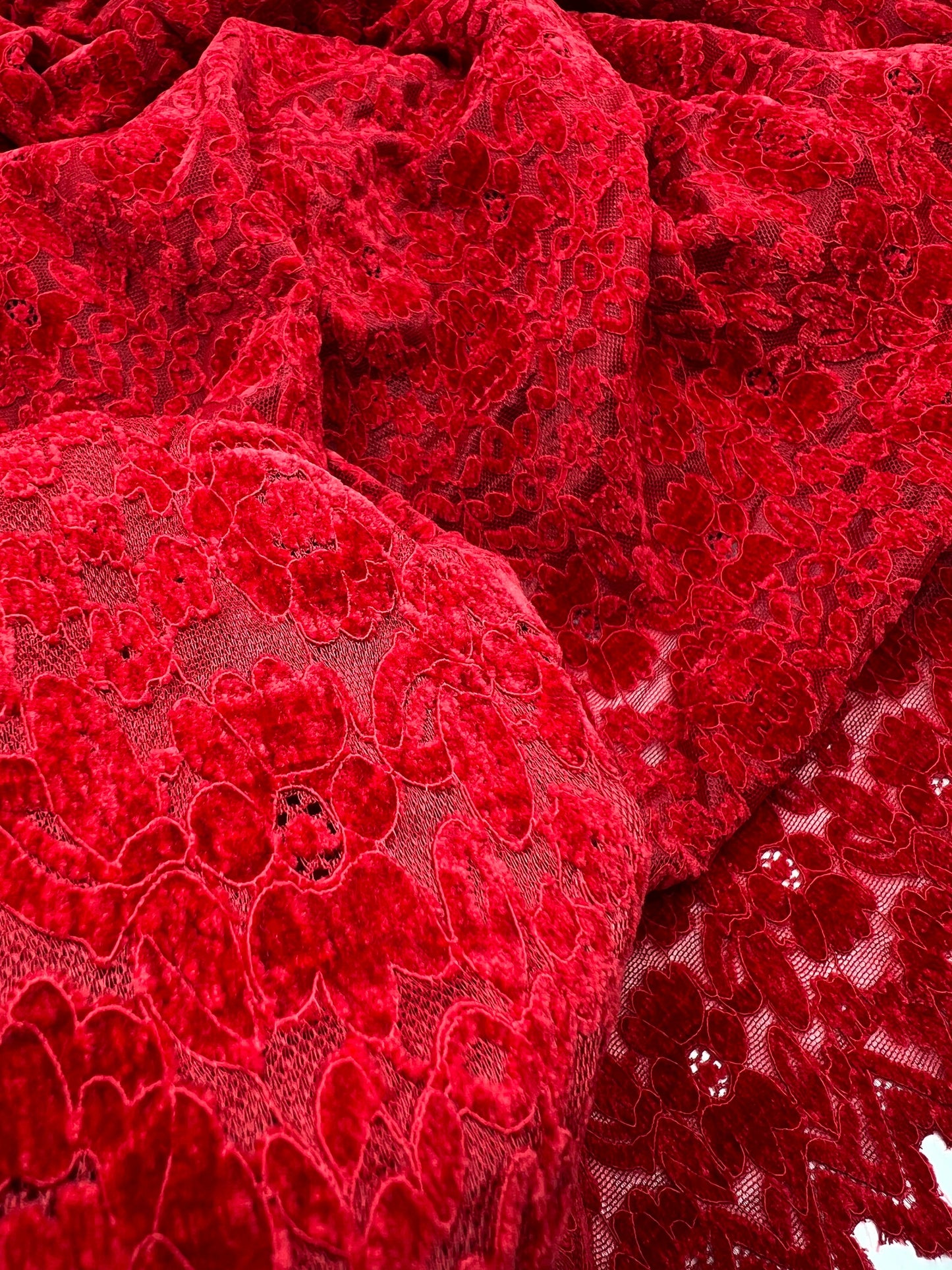 Red Embossed Textured Scalloped Edge Floral Lace Fabric Stretch