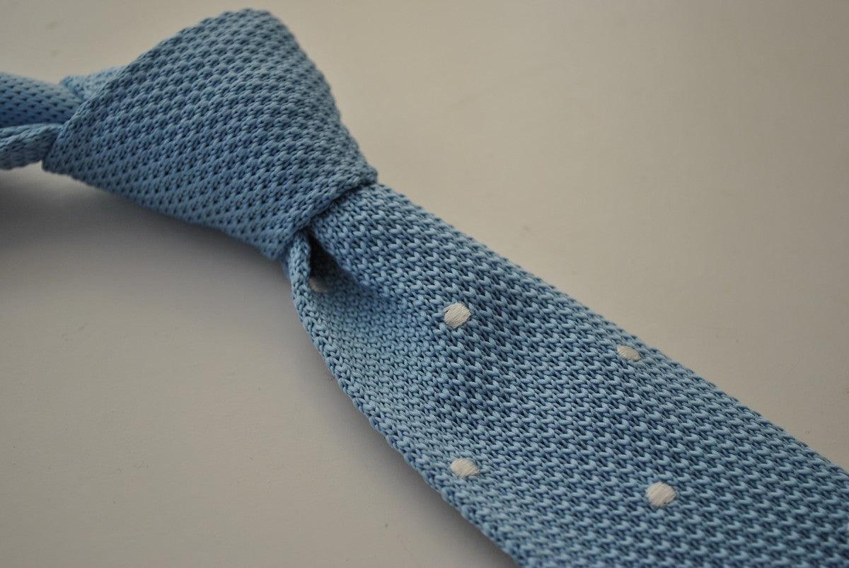 light blue tie skinny knitted tie with white polka dots