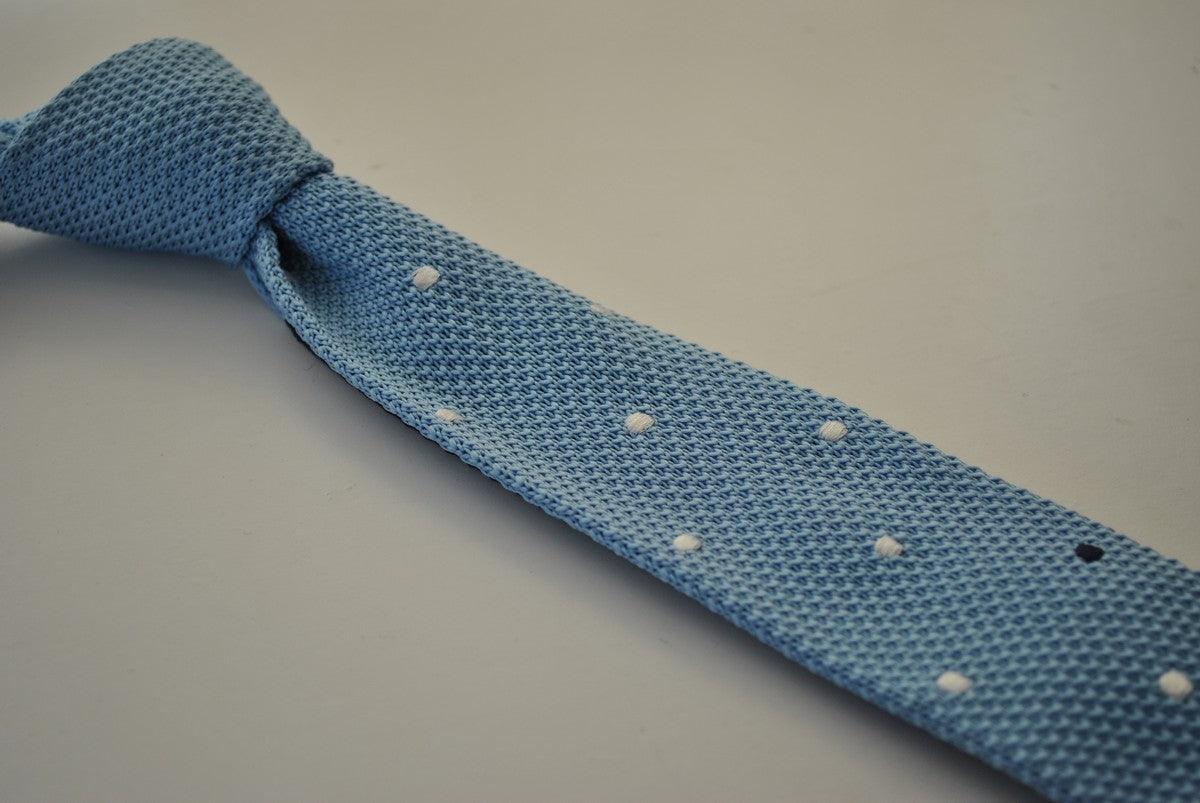 light blue tie skinny knitted tie with white polka dots