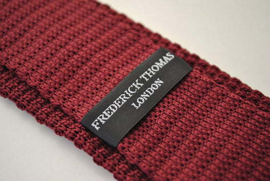 knitted dark red maroon tie with white polka dots