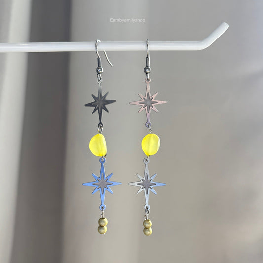 Stainless steel star and yellow bead statement dangle earrings