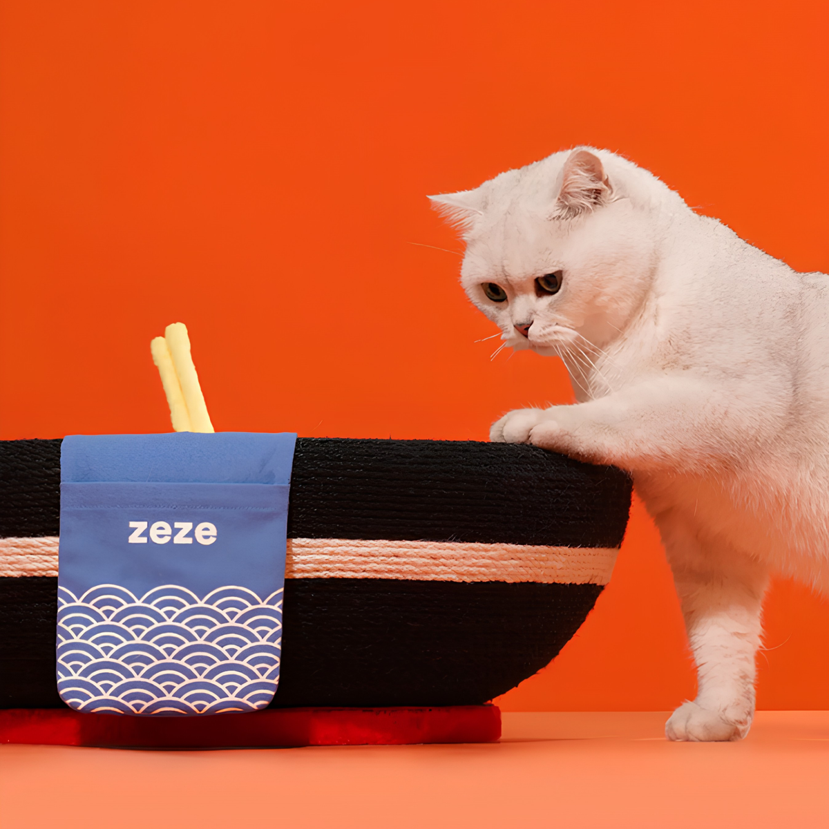 zeze Big Ramen Bowl Cat Scratcher — 48 cm Rope Bowl with Plush Toppings