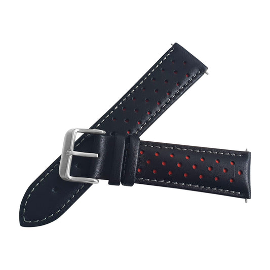 Black And Red Leather Rally Watch Strap, Silver Buckle