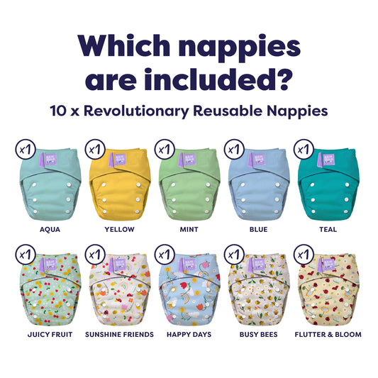 The Essentials Reusable Nappy Bundle in Garden Party + Pastels