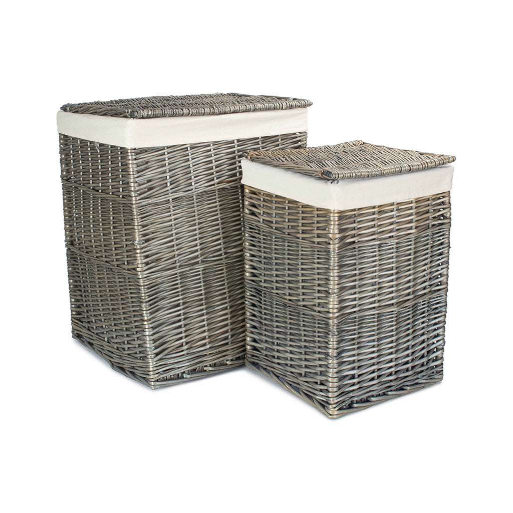 Antique Wash Willow Square Laundry Basket with White Lining Set 2