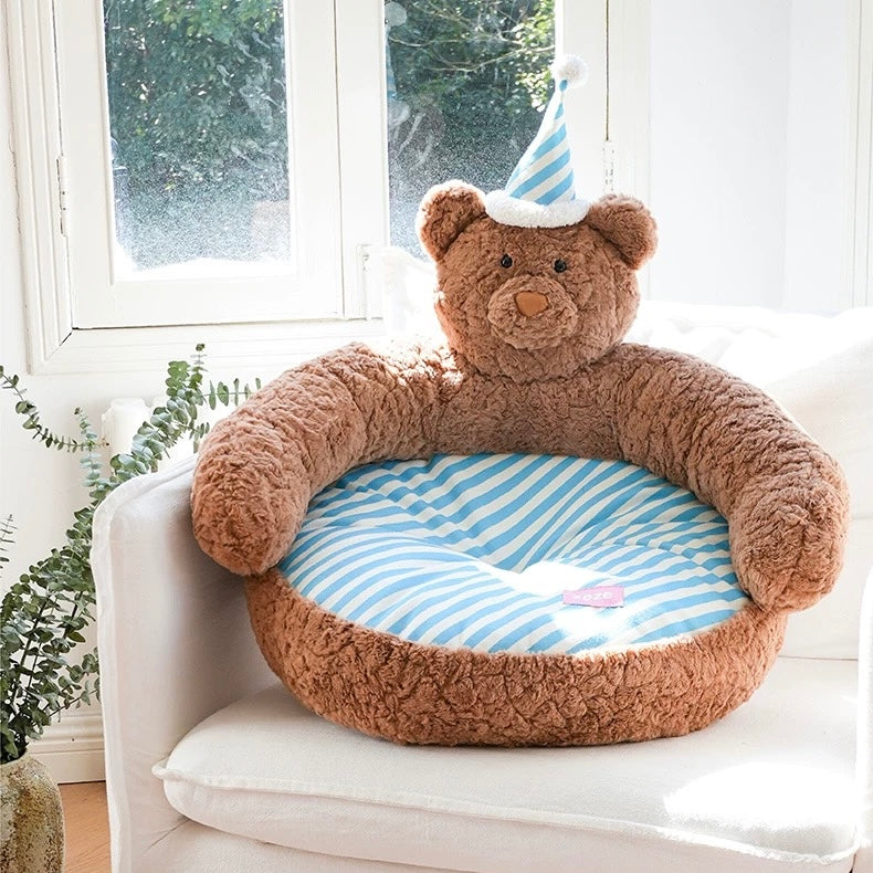zeze Sleepy Nick Bear Pet Sofa — Plush Bear Bed with Striped Cushion