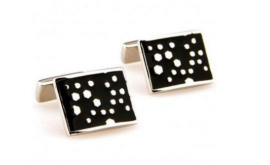 black cufflinks with silver hexagon pattern