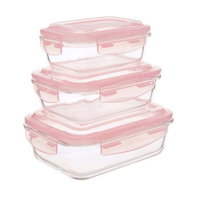 Freska Set Of 3 Rectangular Glass Containers with Pink Lids