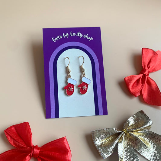 Red mitten Christmas gold earrings