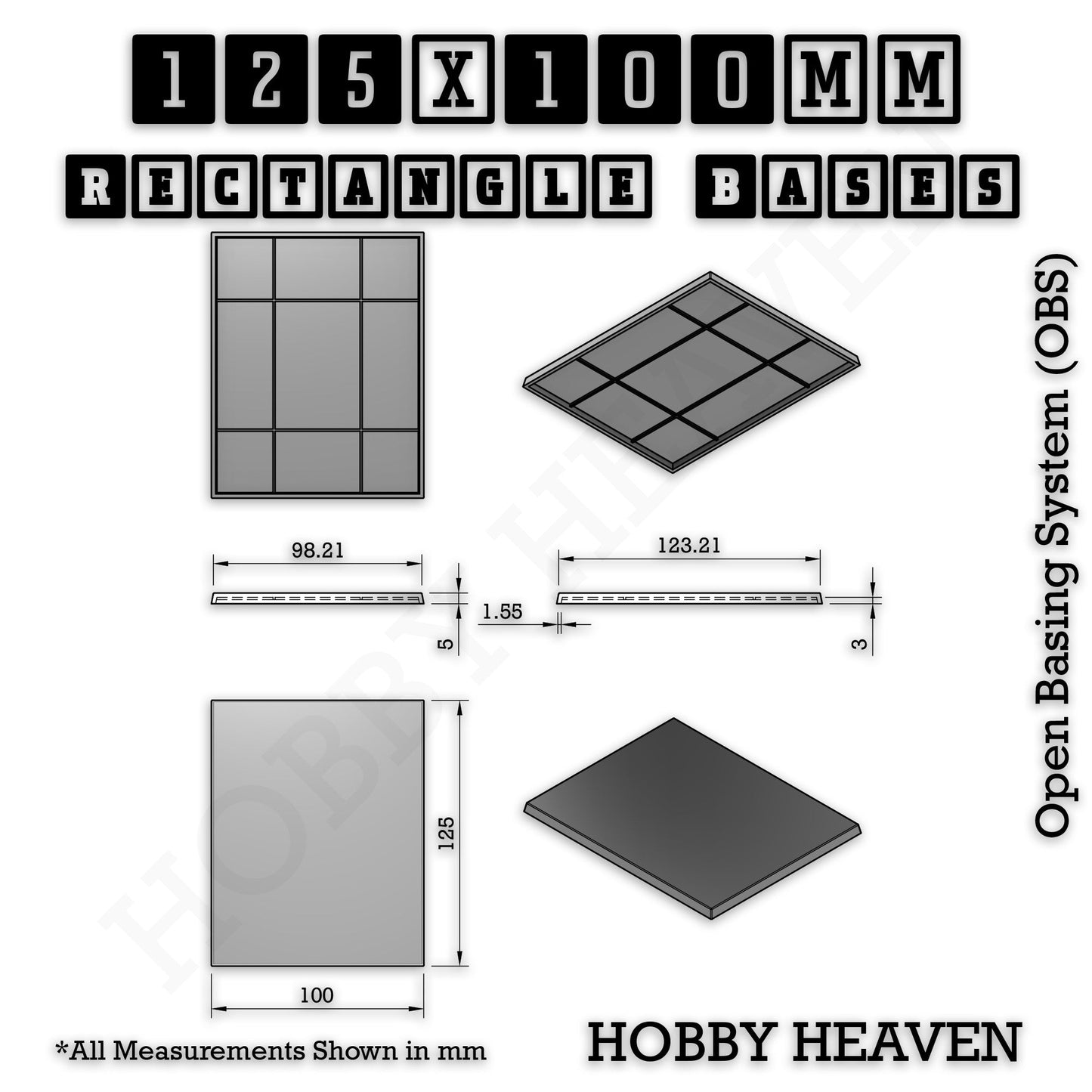 Rectangle Bases Range Sizes - 125x50mm to 200x175mm Large Sizes 3d Print Full Range Tabletop Games