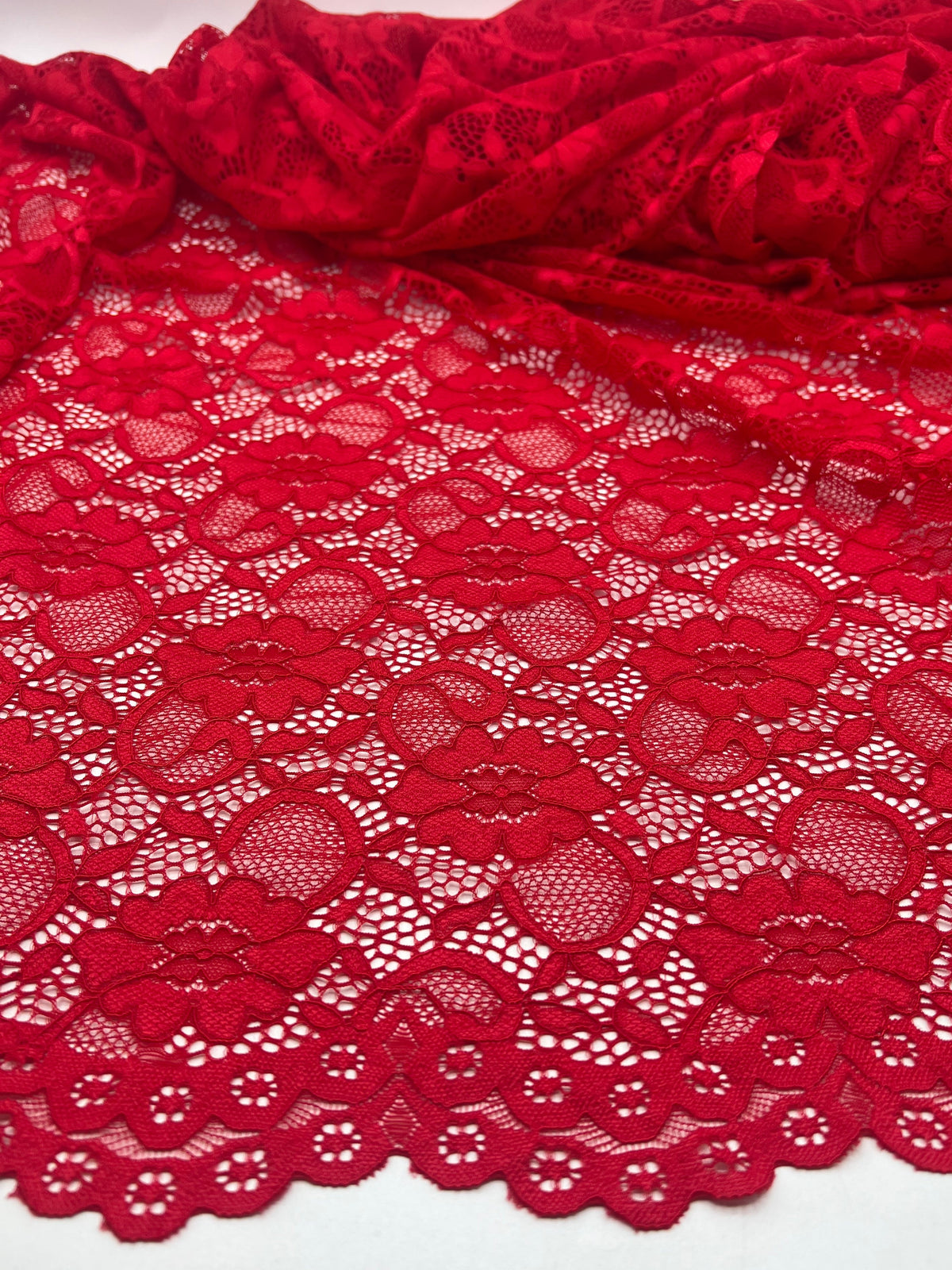 Red Flower Scalloped Edge Floral Lace Fabric Stretch