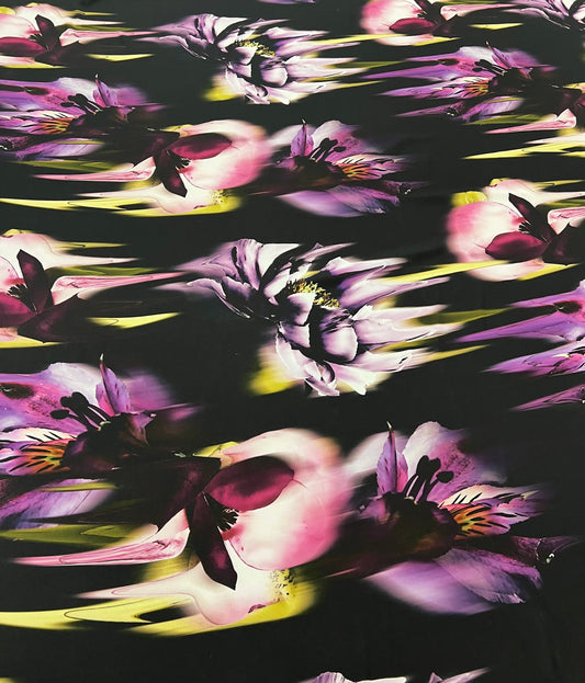 Black Purple Floral Lightweight Crepe Fabric 125GSM Non Stretch