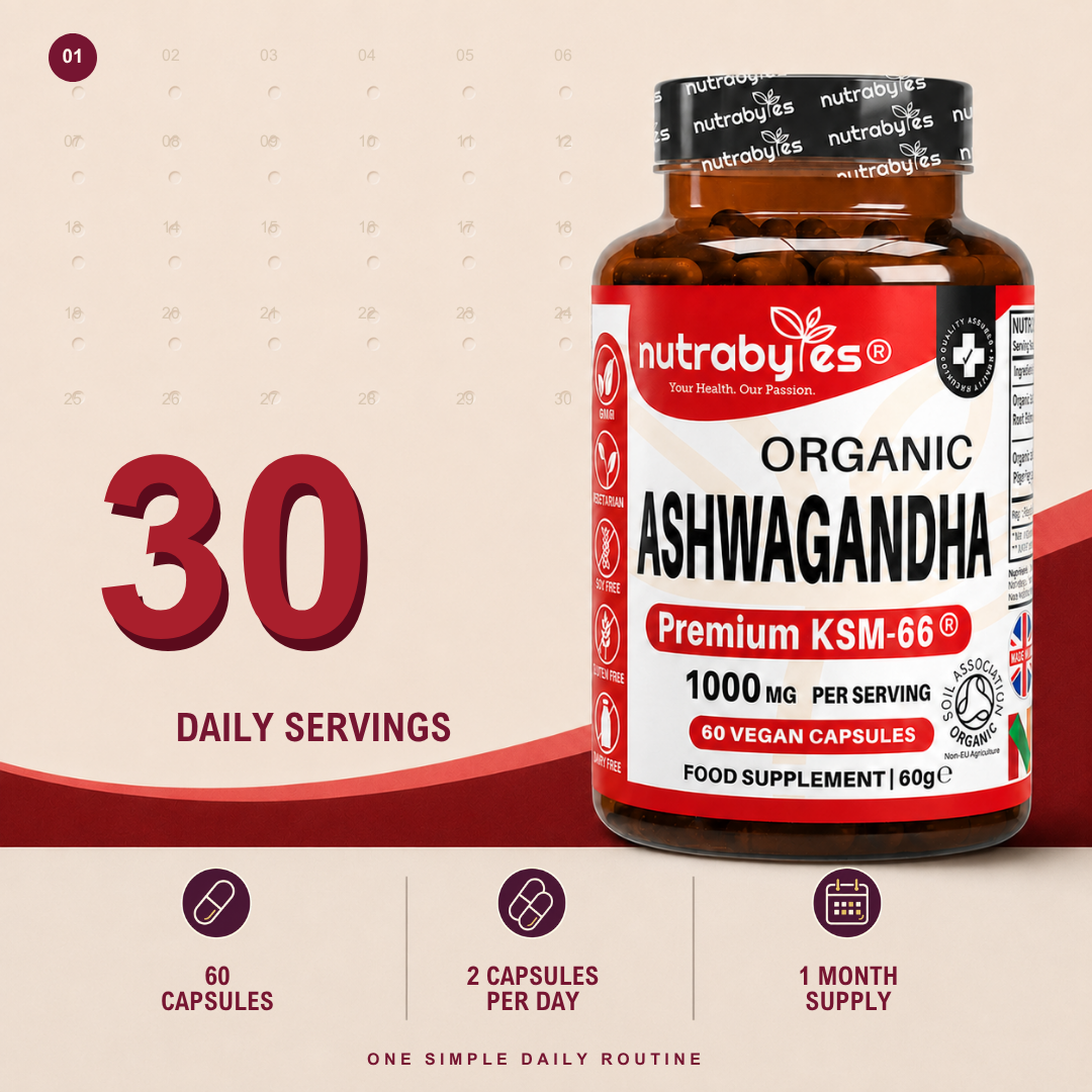 Organic Ashwagandha KSM66® 1000mg Per Serving with Organic Black Pepper, Certified Organic by Soil Association