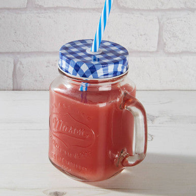Bocal Embossed Mason Square Jar Mug With Blue Gingham Lid
