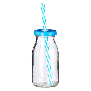 Set Of 4 Milk Bottles With Blue Straws And Lids