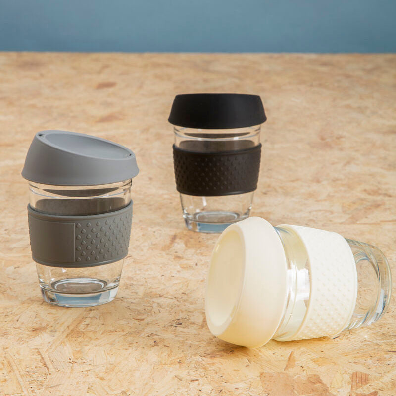 Glass Mug with Cream Silicone Band Lid | Mimo