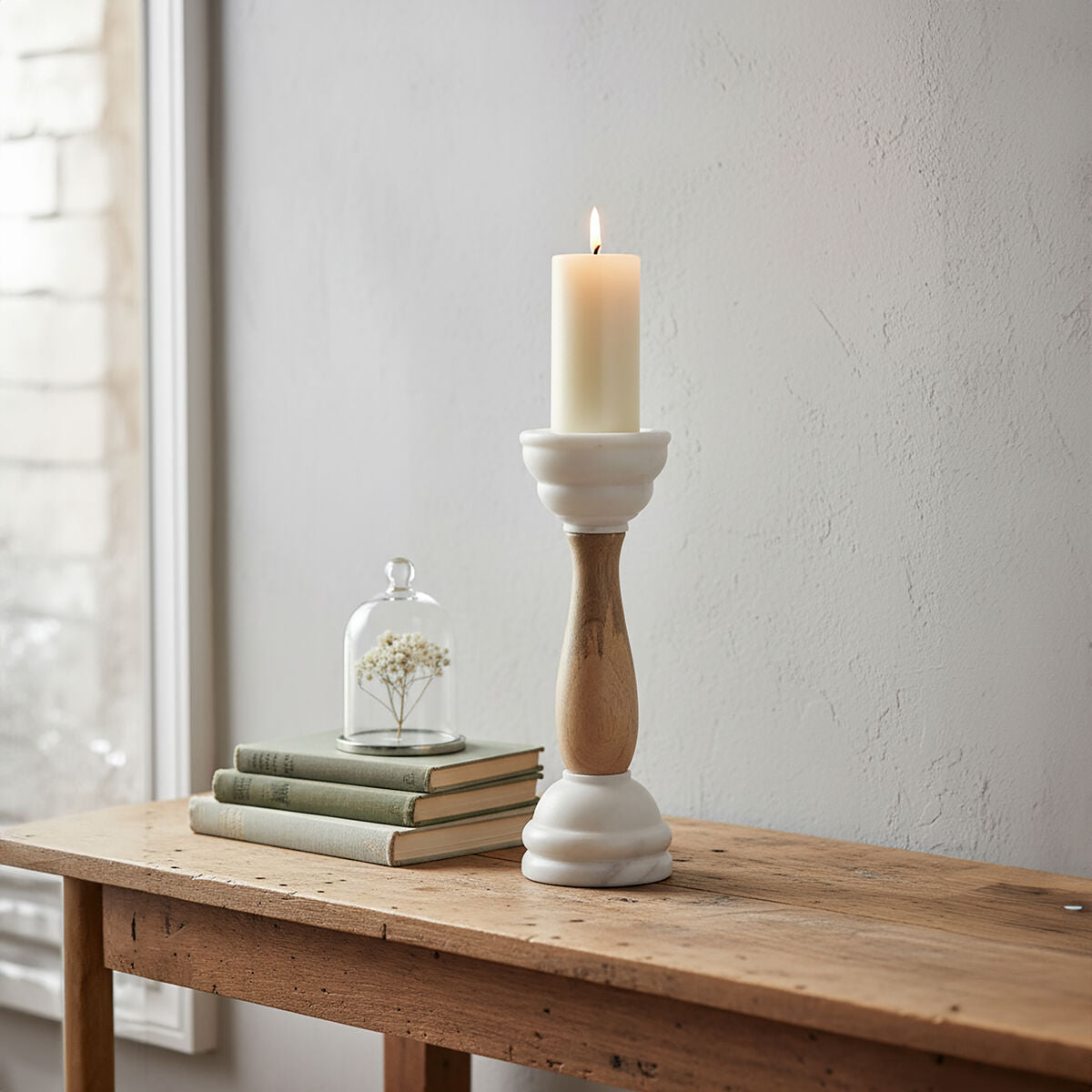 Sena White Marble and Mango Wood Candle Holder