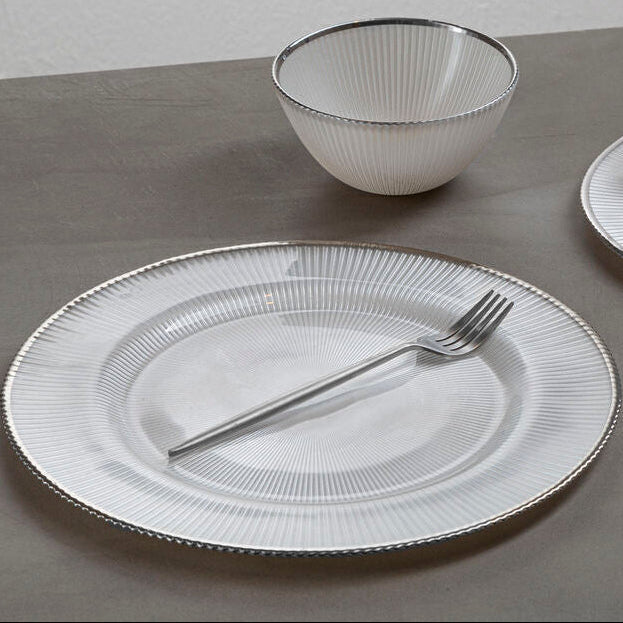 White Embossed Glass Dinner Plate with Silver Rim | Ida