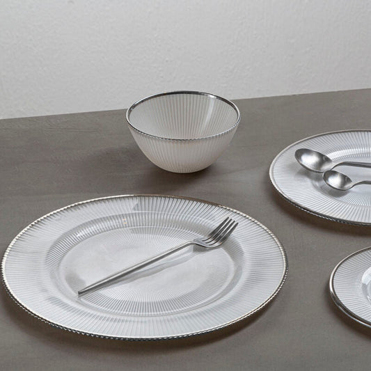 Ida White Embossed Glass Dinner Plate with Silver Rim