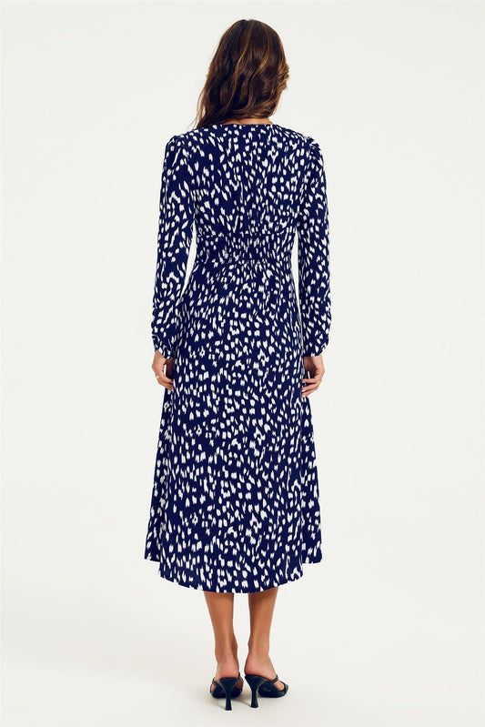 Brushstroke Print Long Sleeve Button Front Midi Dress In Navy