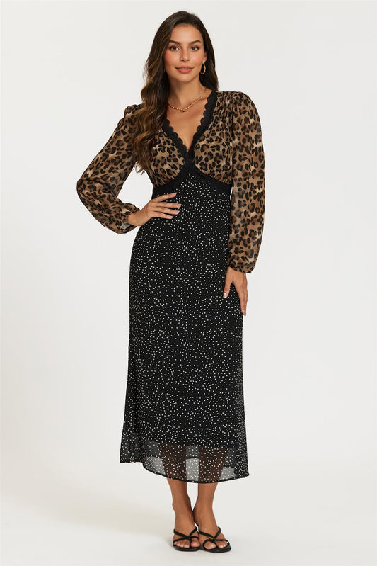 Black Dot & Brown Leopard Print Long Sleeve Maxi Dress