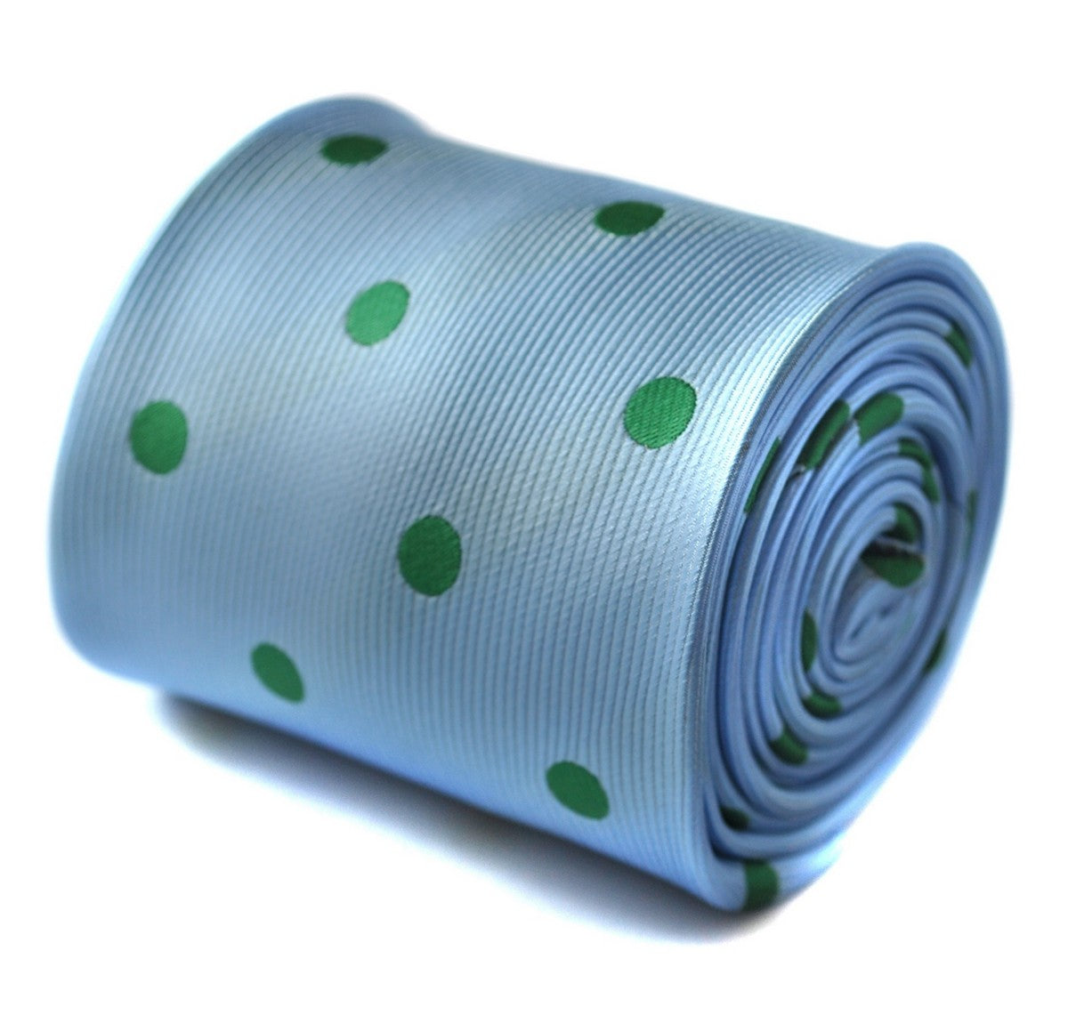light blue tie with green polka dots