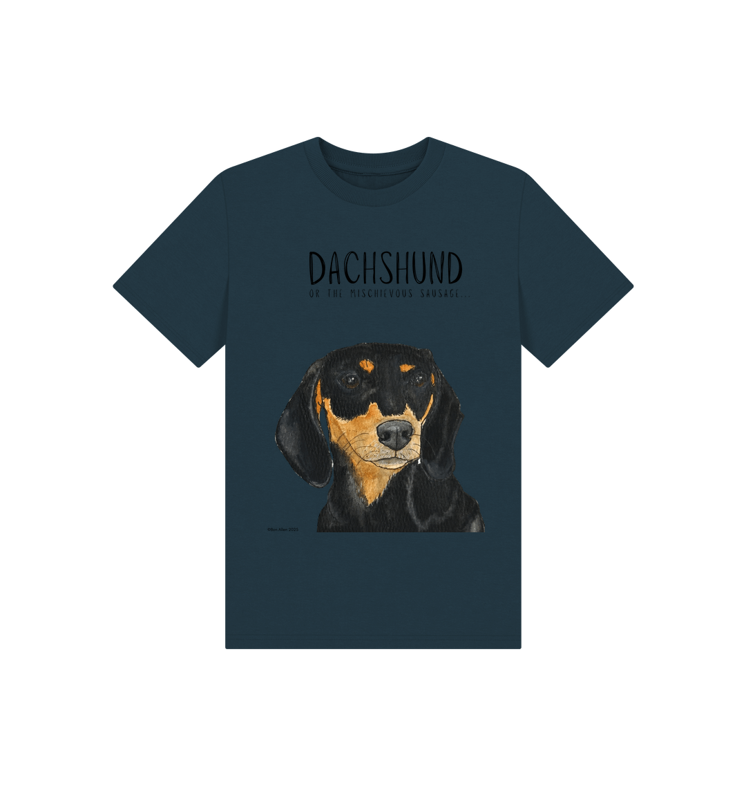 Mischievous Black & Tan Hot Dog Kids' T-Shirt – Small Pup, Big Attitude!