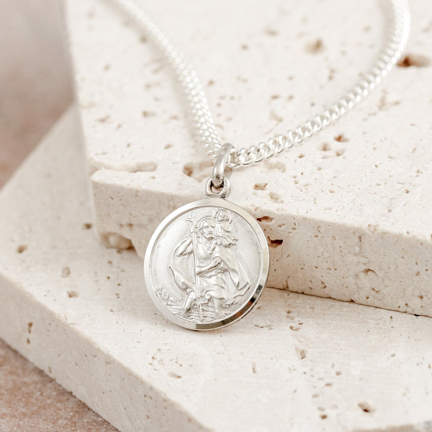 Classic Small St Christopher Necklace Sterling Silver 14mm