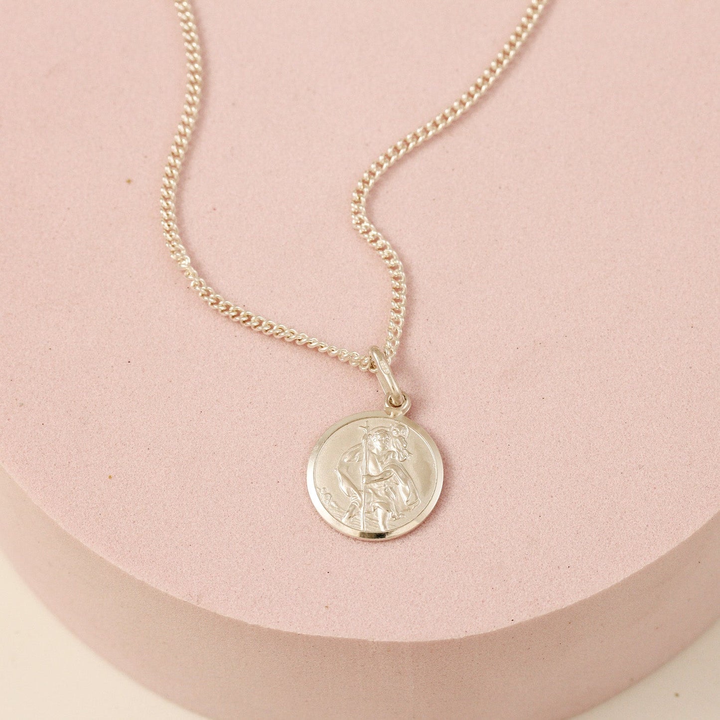 Classic Small St Christopher Necklace Sterling Silver 14mm
