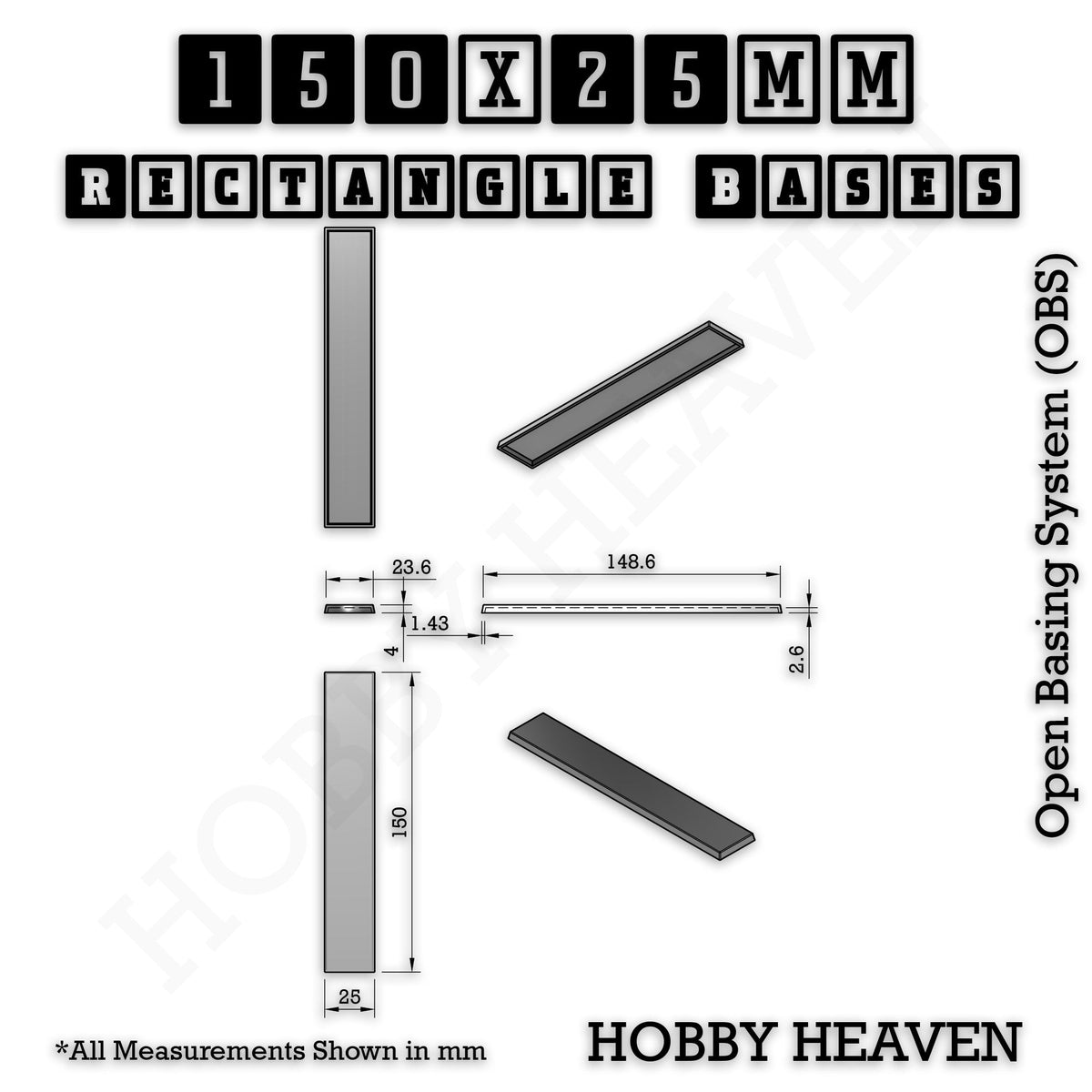 Rectangle Bases Range Sizes - 125x50mm to 200x175mm Large Sizes 3d Print Full Range Tabletop Games