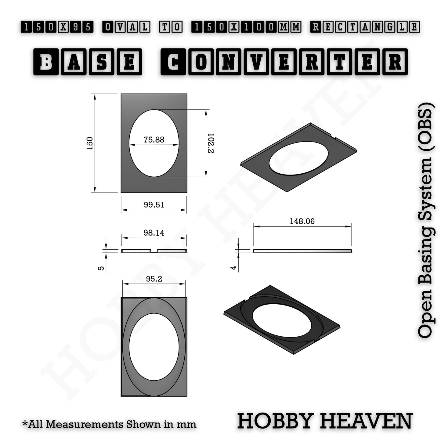 Oval to Rectangle Base Converters 3D Print Full Range