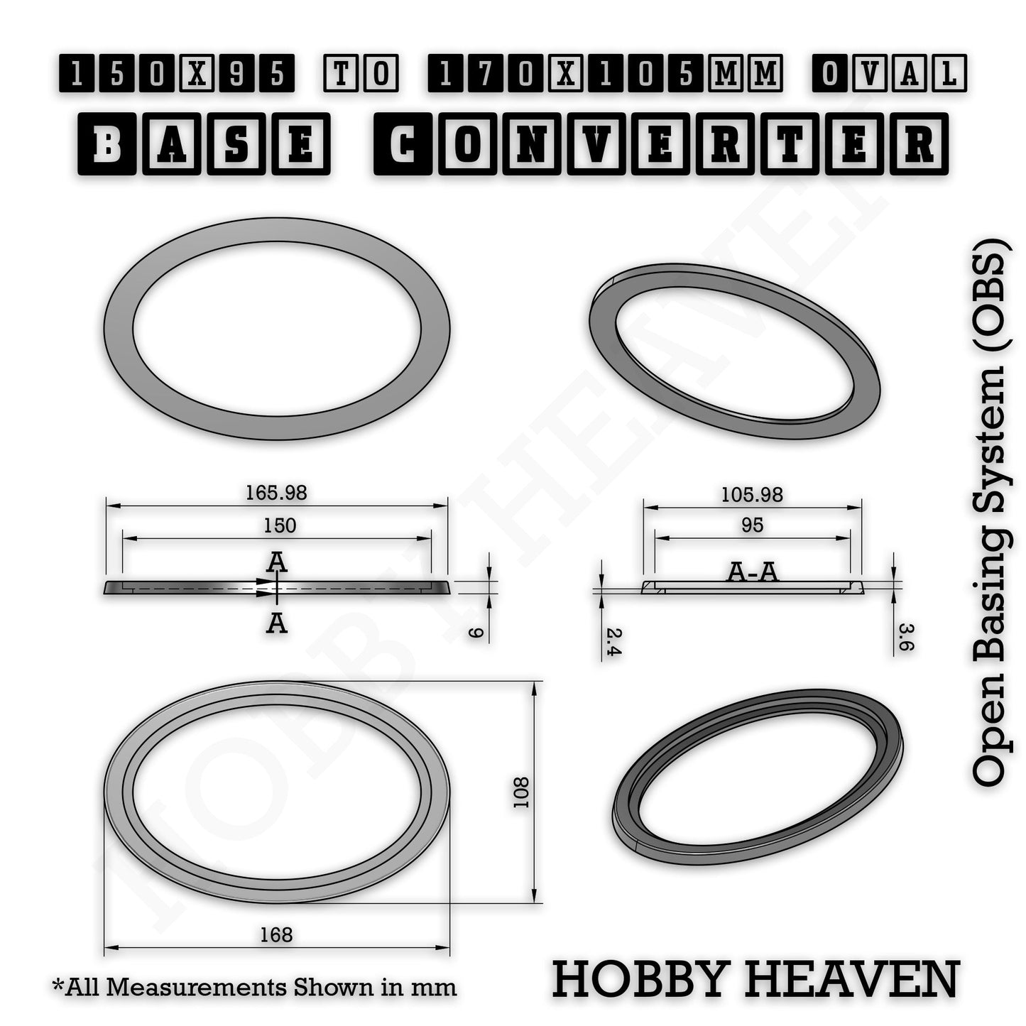 Oval to Oval Bases Size Converters 3D Print Full Range