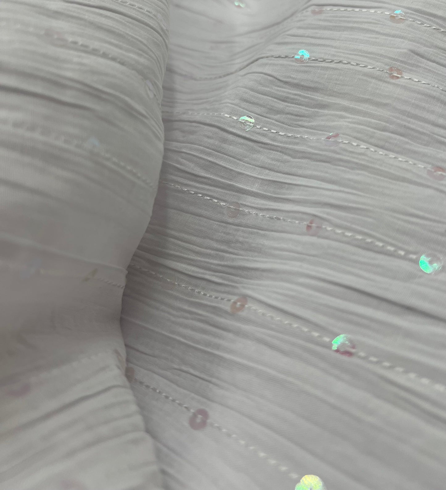 White Sequin Crinkled Lightweight Non Stretch Fabric