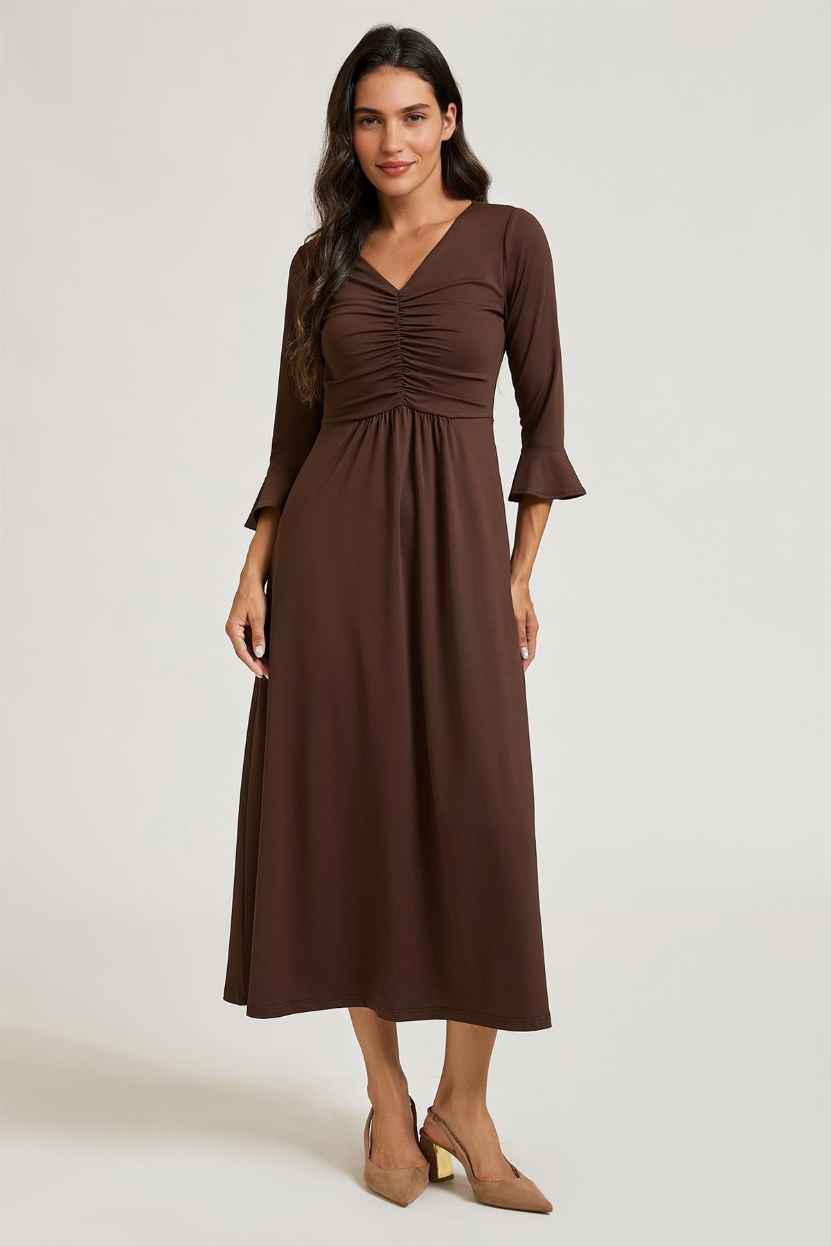 Fluted Sleeves Ruched Jersey Midi Dress In Brown