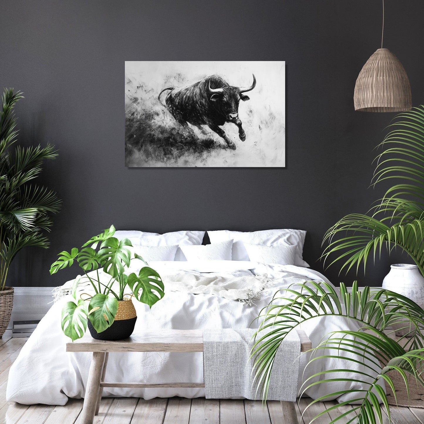 Monochrome Bull Charge Canvas